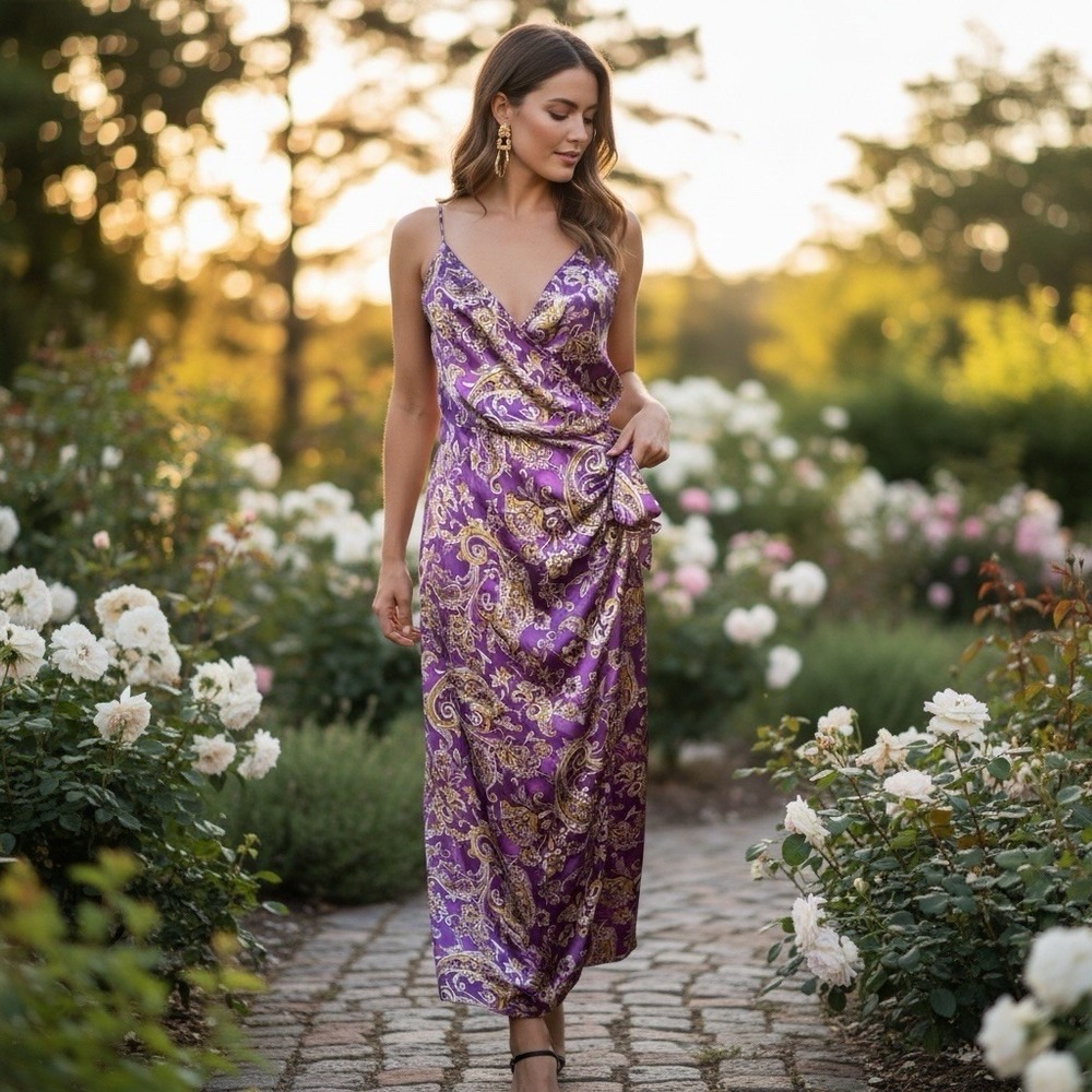 Zara Metallic Lavender Paisley Silky True‎ Wrap Maxi Dress Formal Wedding Medium